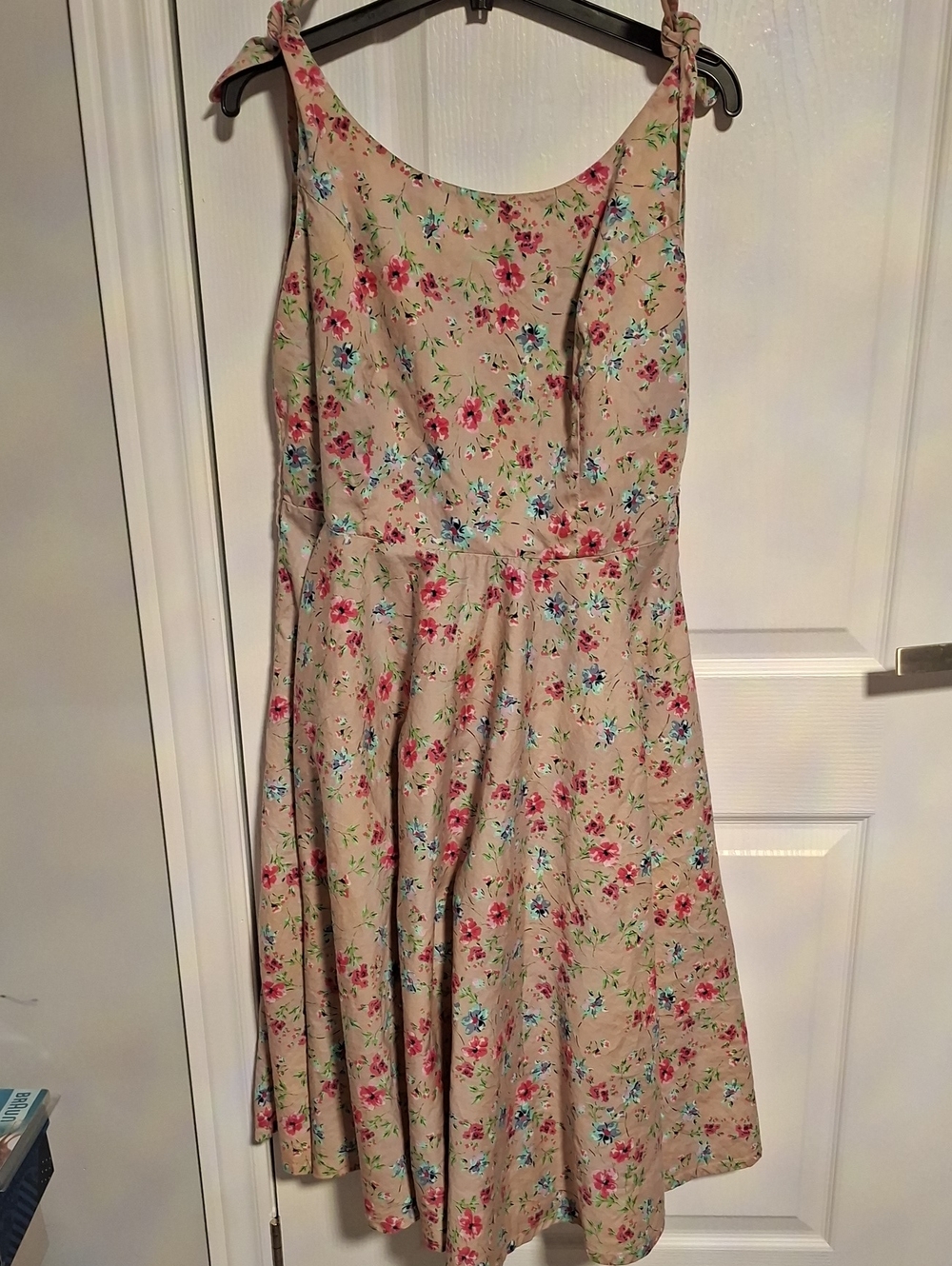 Hell Bunny Beige Floral Tie-Shoulder Sundress with Pink & Blue Flowers